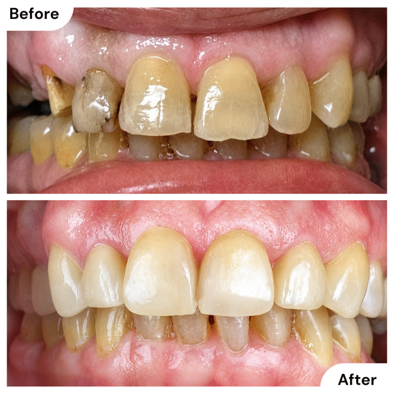 Before and after restoration with extraction, bridge, veneers, and porcelain crowns to rebuild the smile.