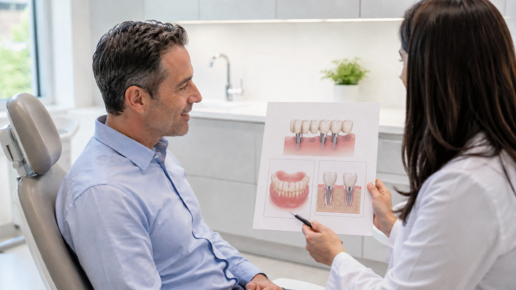 Dentist explaining Tooth Replacement options including implants bridges and dentures