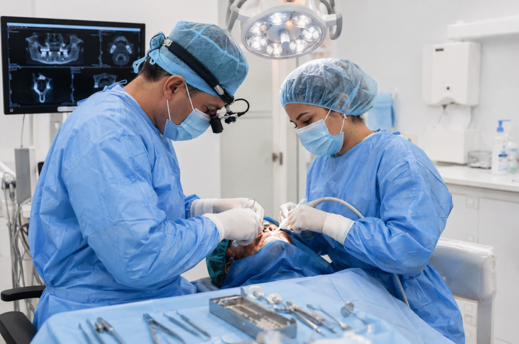 Dental team performing an emergency dental procedure in a modern clinical room at Q Smiles Dentistry.