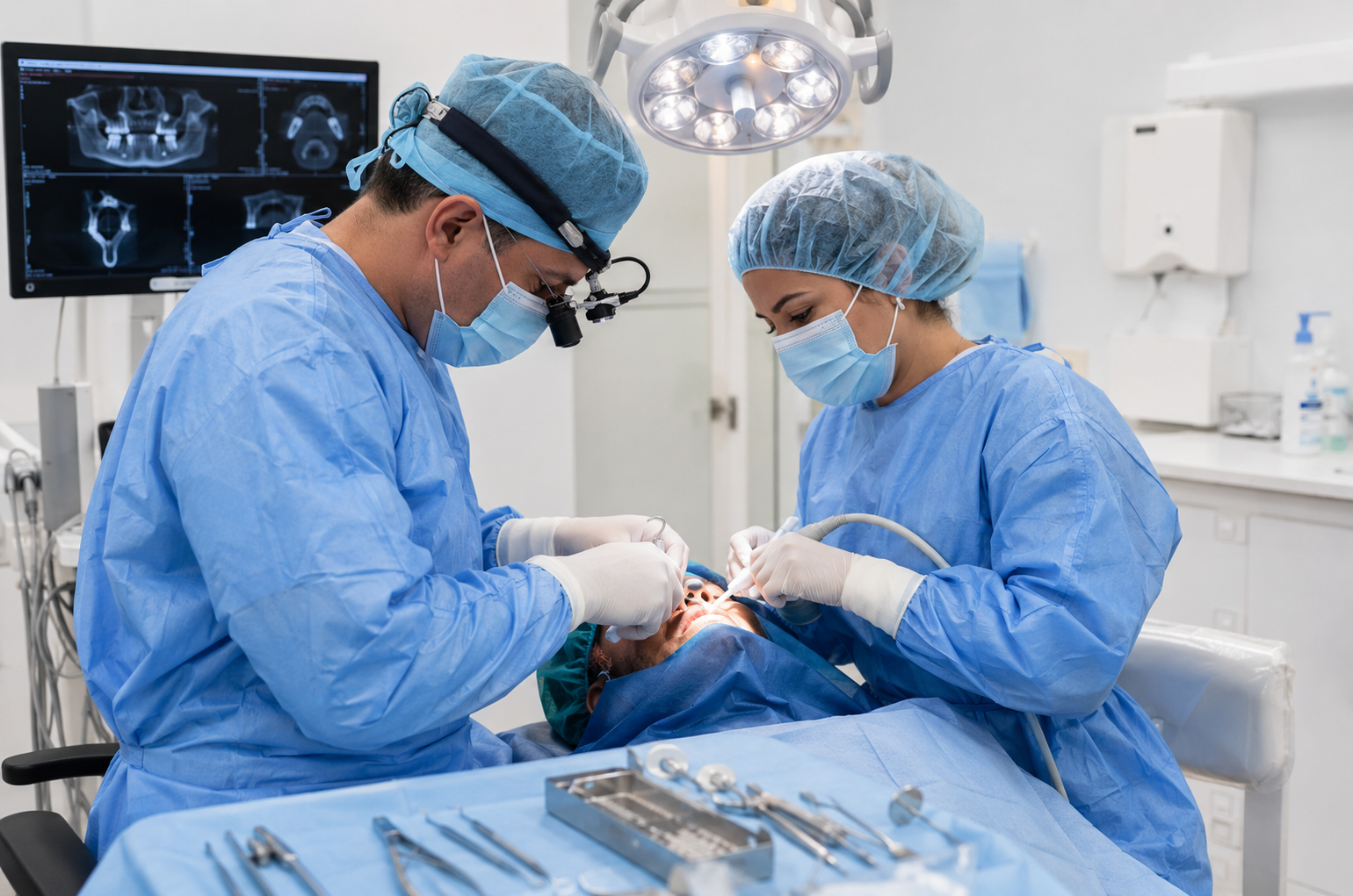 Dental team performing an emergency dental procedure in a modern clinical room at Q Smiles Dentistry.