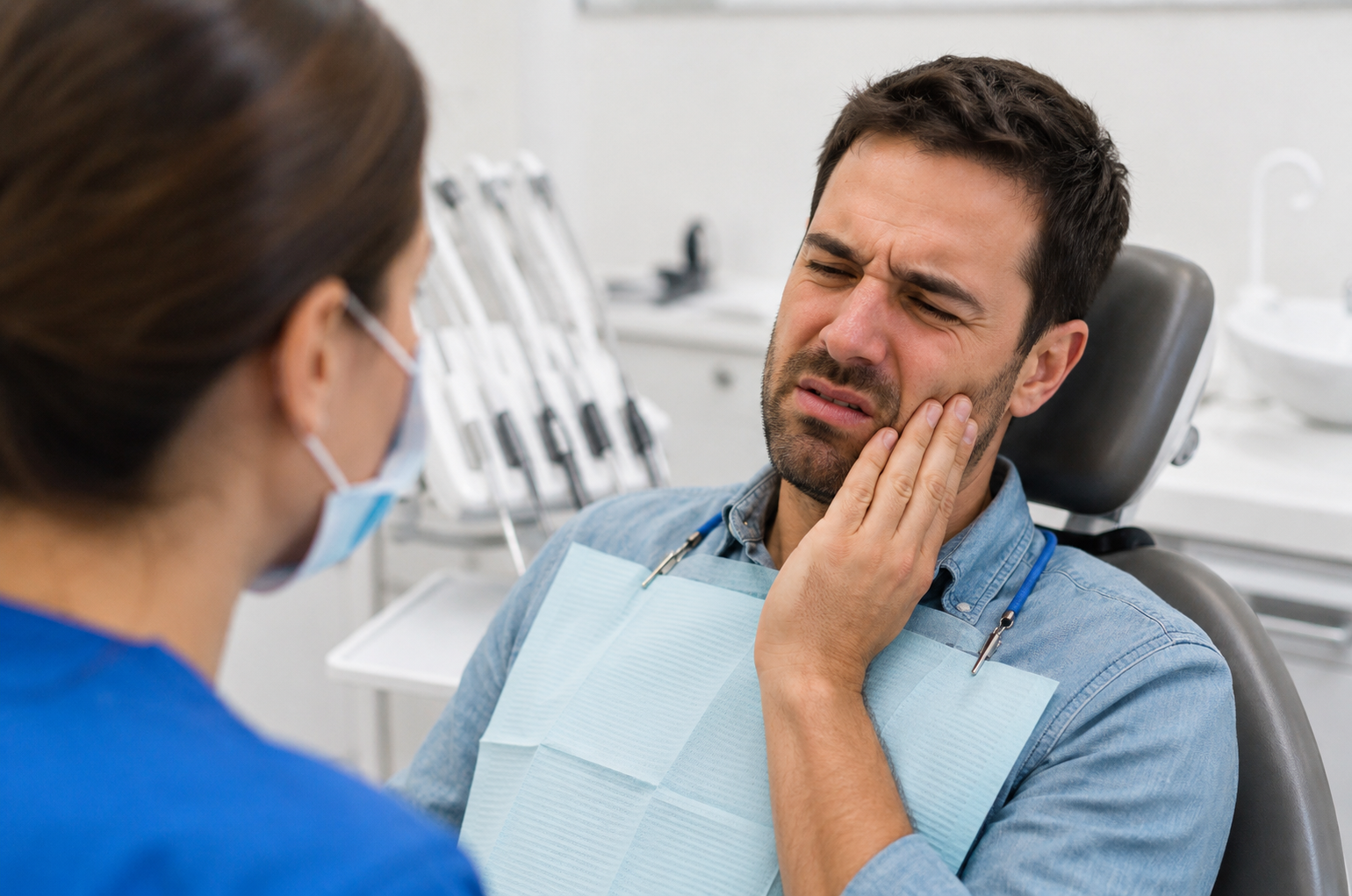 Patient receiving urgent dental treatment from a dentist during an emergency appointment.