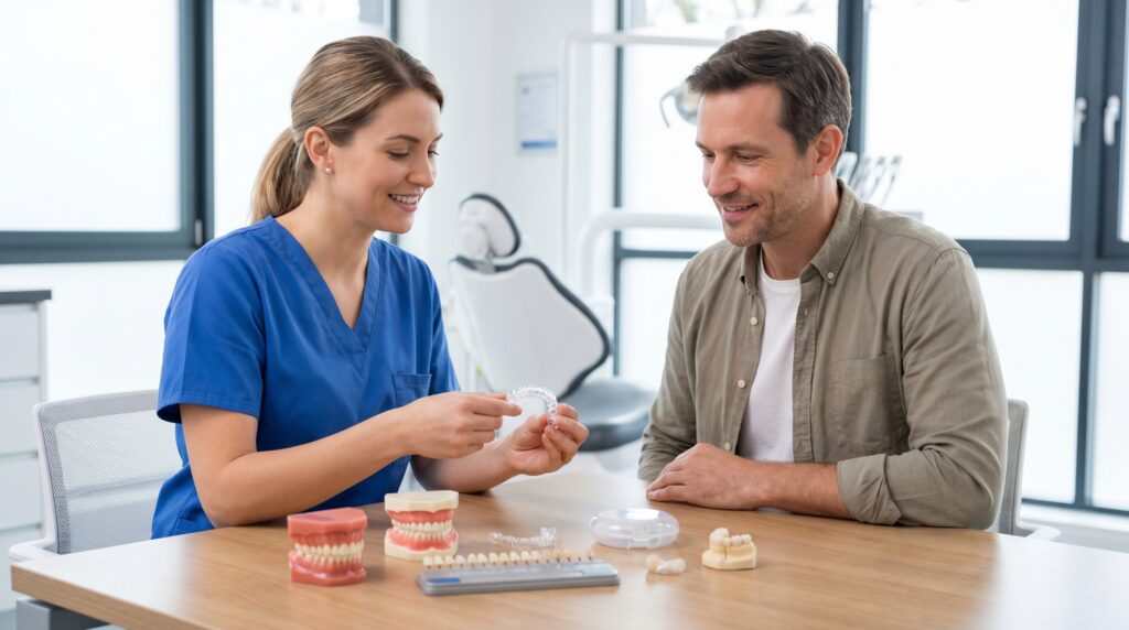 Dentist comparing dental veneers with bonding whitening crowns and aligners
